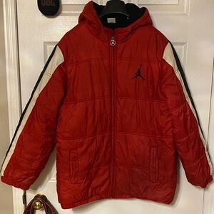 Jordan Red Hooded Puffer Jacket with White and Black Sleeve Stripes